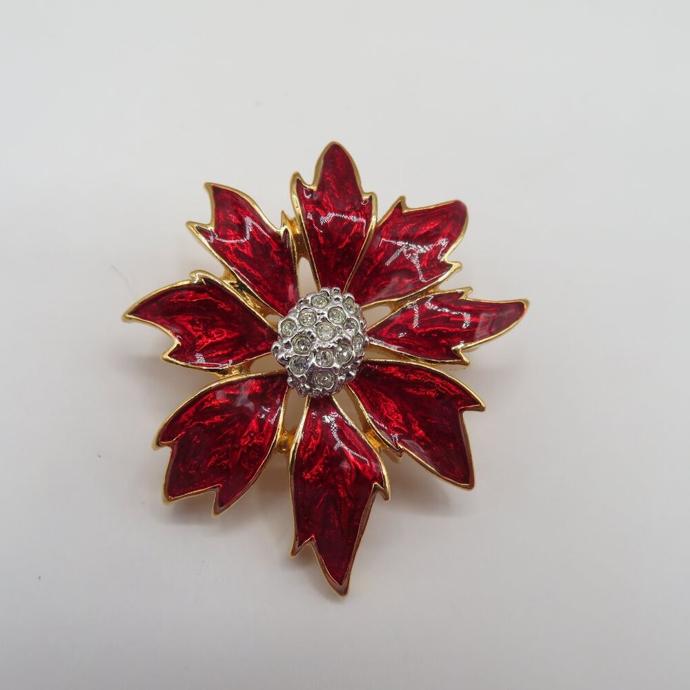 Vintage Poinsettia Enamel Gold Tone Rhinestone Brooch - Picture 3 of 5